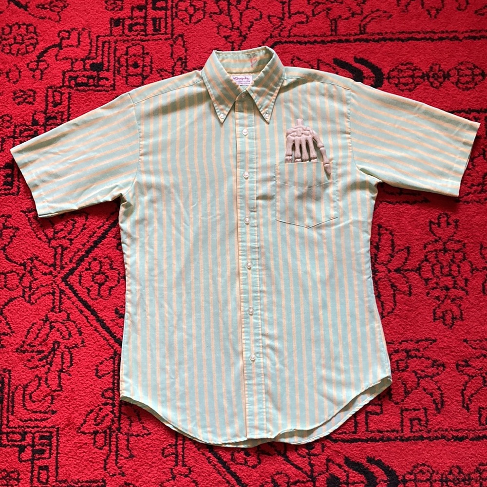 Vintage Shapely Green and Cream Striped Short Sleeve Button-Down Shirt